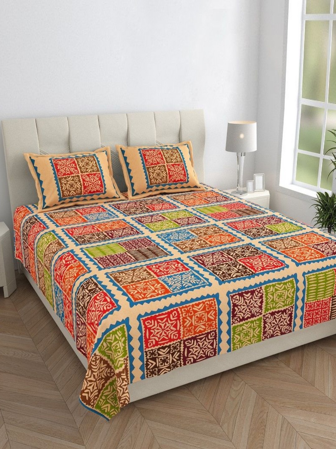 

HOMELINE Blue & Orange Ethnic Cotton 144 TC Double Queen Bedsheet Set-2.35 m x 2.15 m