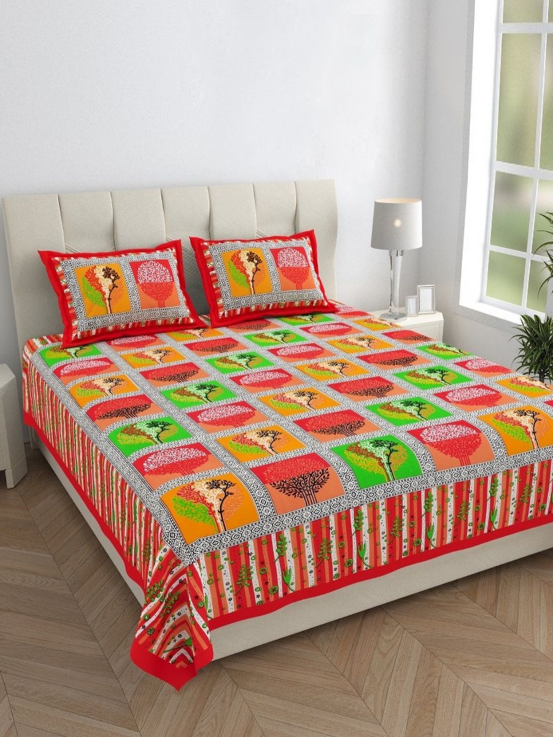 

HOMELINE Red & White Ethnic Cotton 144 TC Double Queen Bedsheet Set-2.35 m x 2.15 m