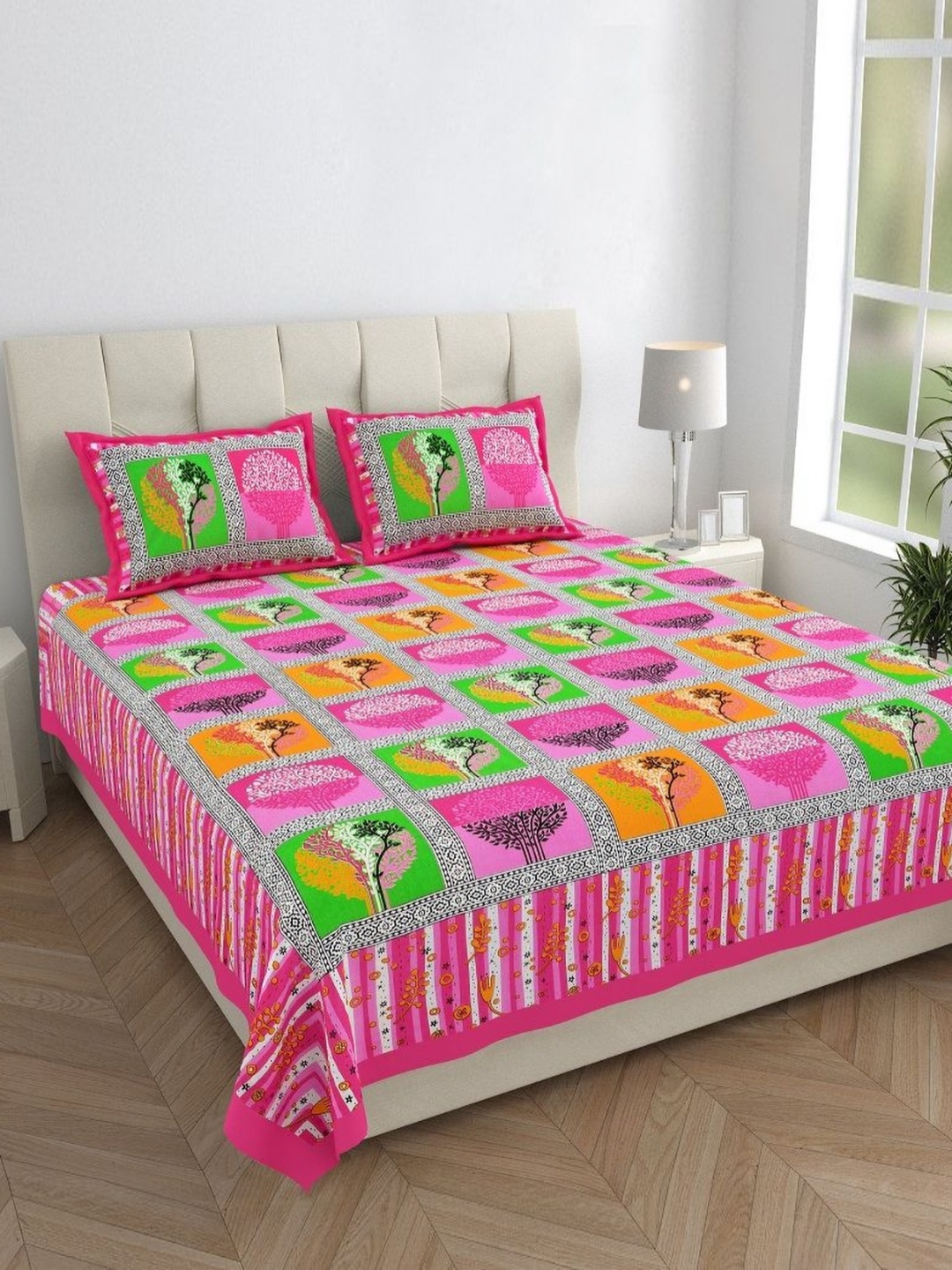 

HOMELINE Pink & Green Ethnic Cotton 144 TC Double Queen Bedsheet Set-2.35 m x 2.15 m