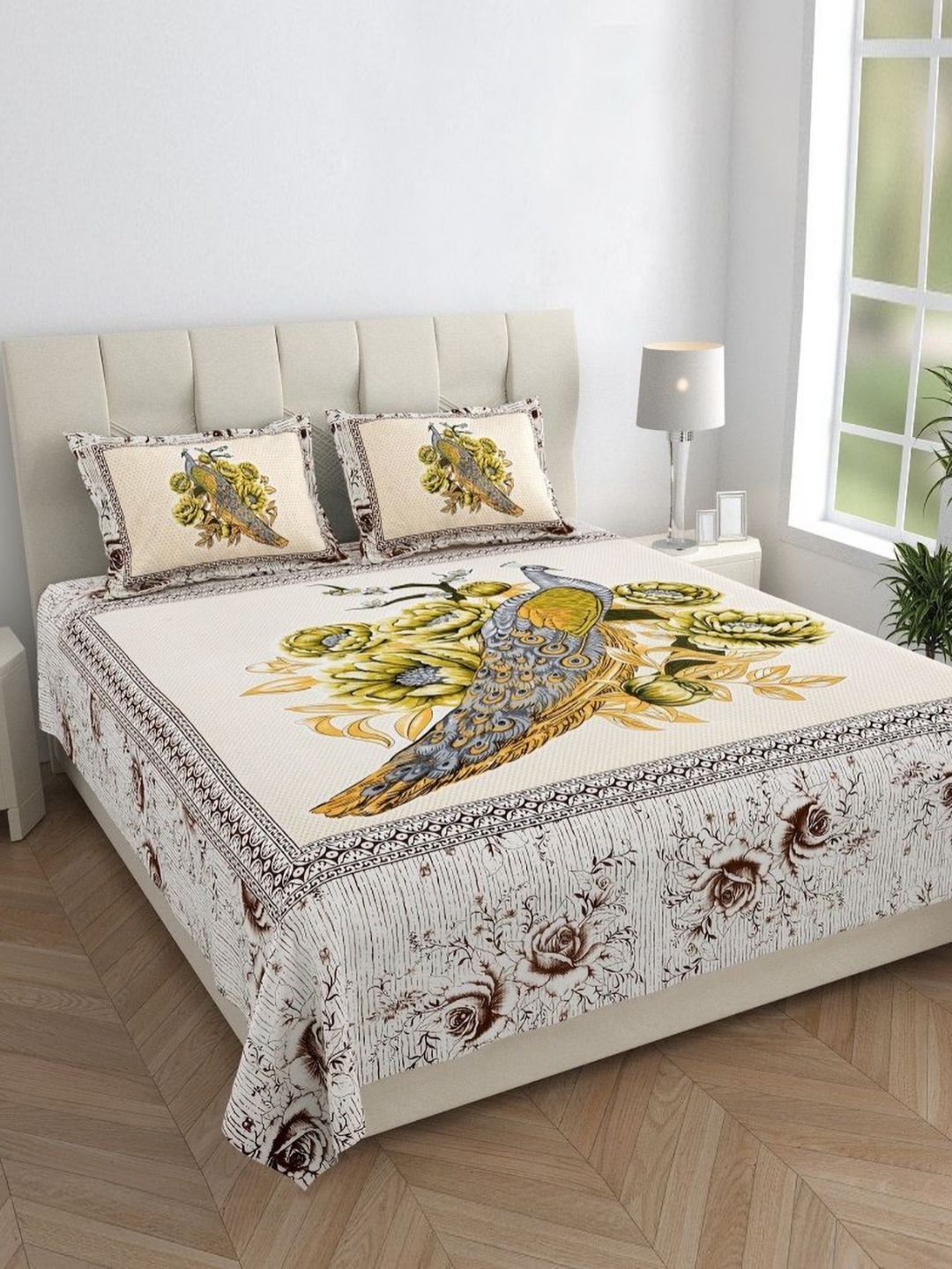 

HOMELINE Green & Grey Graphic Cotton 144 TC Double Queen Bedsheet Set-2.35 m x 2.15 m