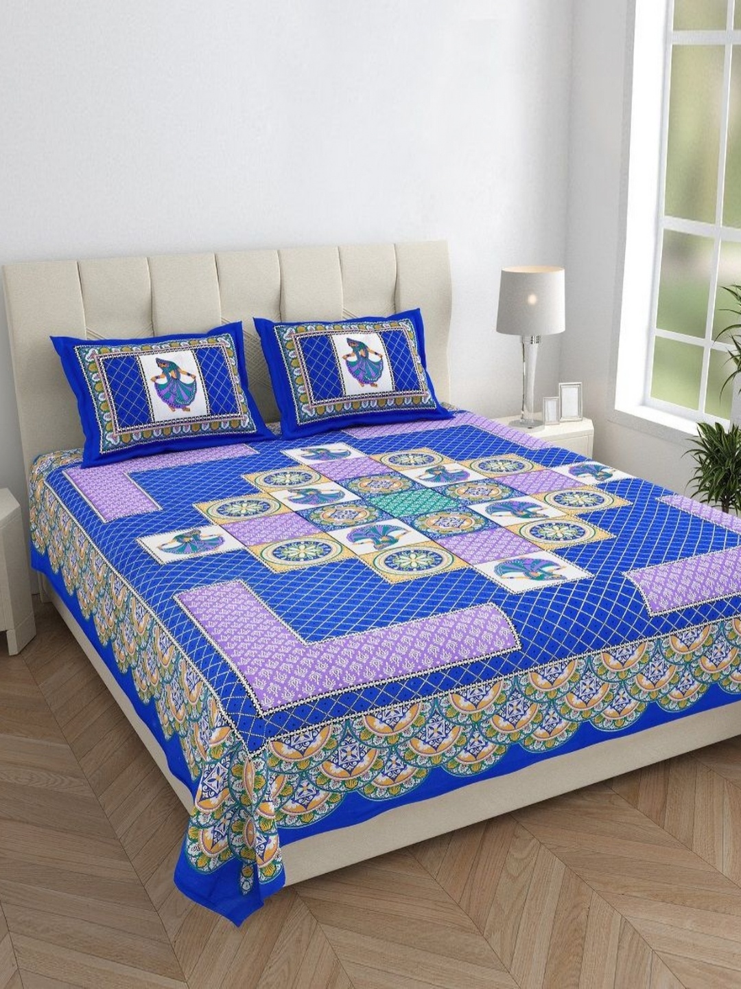 

HOMELINE Blue & White Ethnic Cotton 144 TC Double Queen Bedsheet Set-2.35 m x 2.15 m