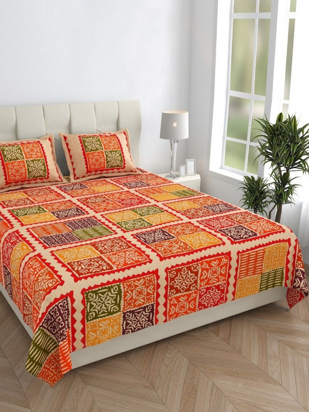 

HOMELINE Orange & Green Ethnic Cotton 144 TC Double Queen Bedsheet Set-2.35 m x 2.15 m