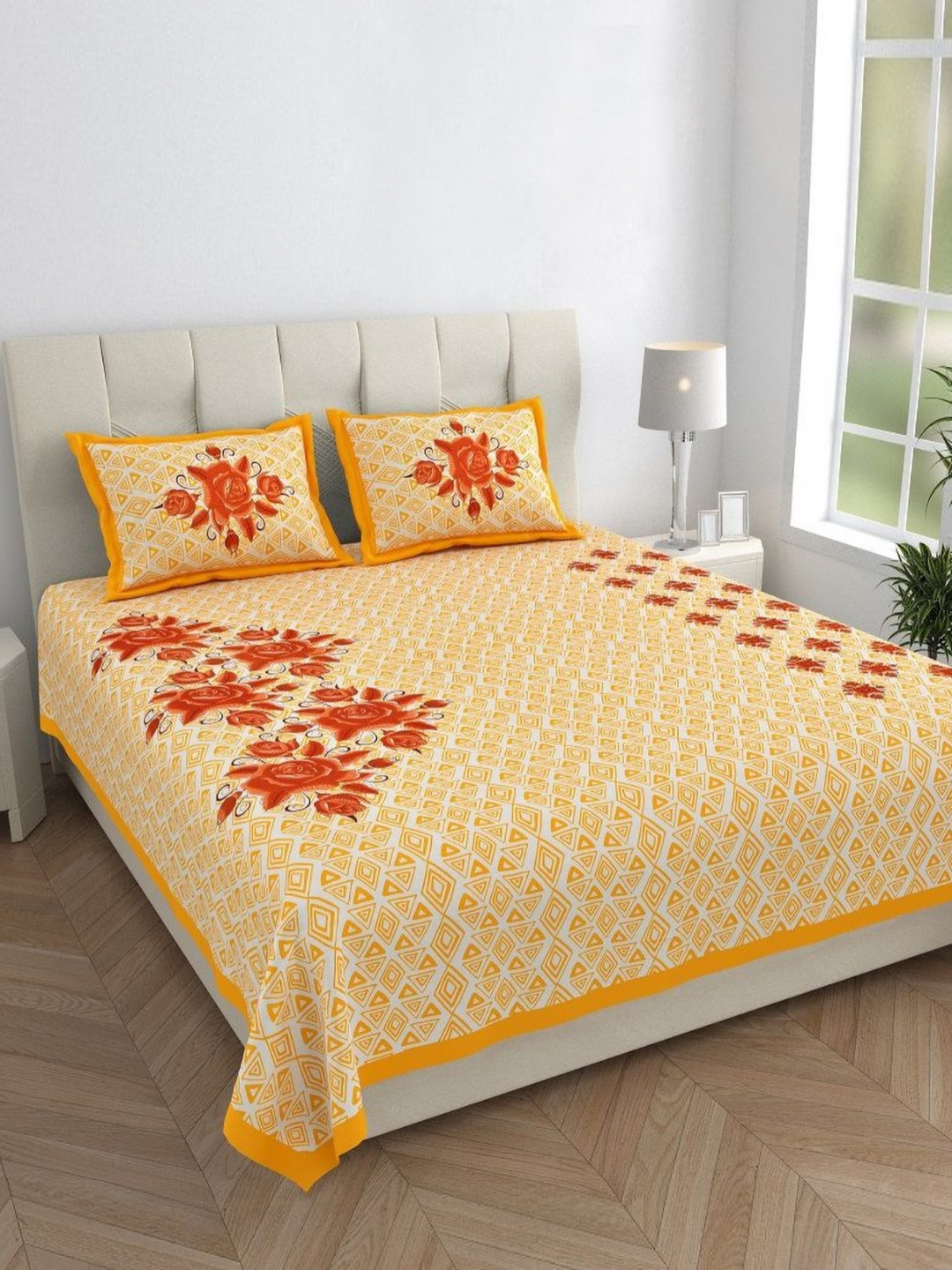 

HOMELINE Orange & White Floral Cotton 144 TC Double Queen Bedsheet Set-2.35 m x 2.15 m