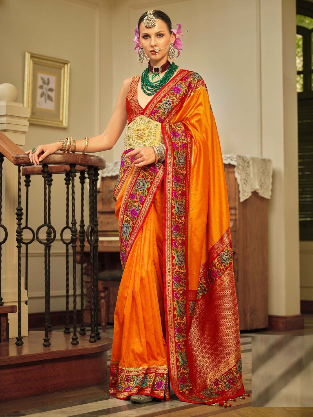 

MAHALASA Ethnic Motifs Zari Pure Silk Banarasi Saree, Orange