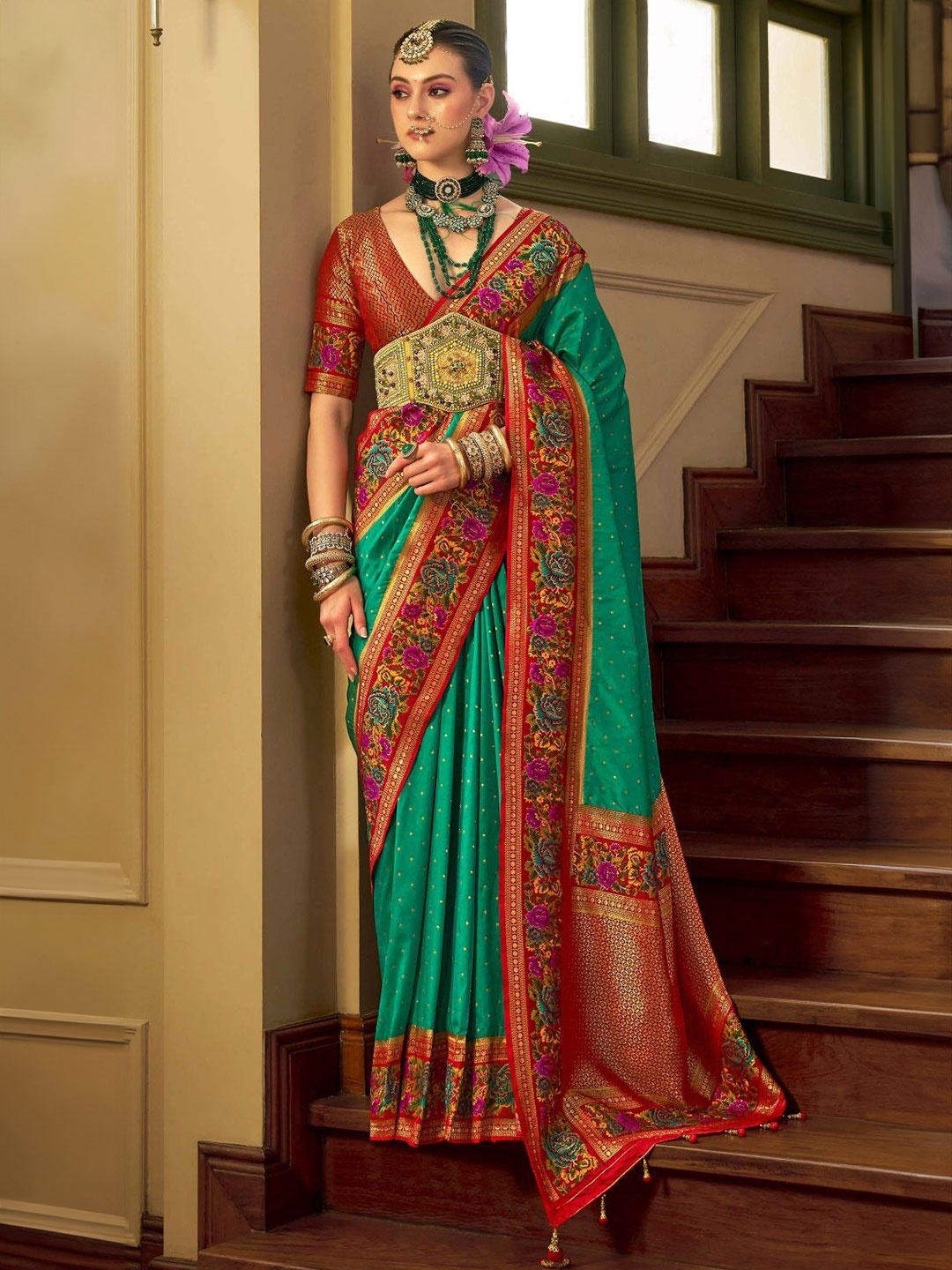 

MAHALASA Ethnic Motifs Woven Design Zari Pure Silk Banarasi Saree, Sea green