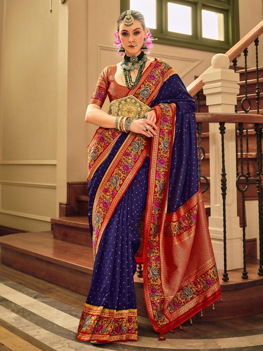 

MAHALASA Ethnic Motifs Zari Pure Silk Banarasi Saree, Navy blue