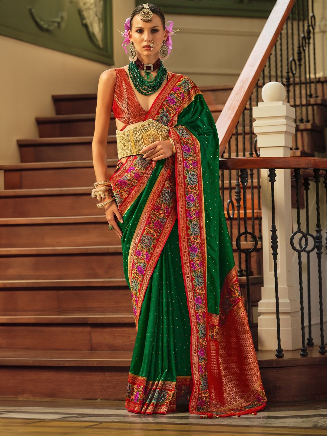 

MAHALASA Ethnic Motifs Zari Pure Silk Banarasi Saree, Green