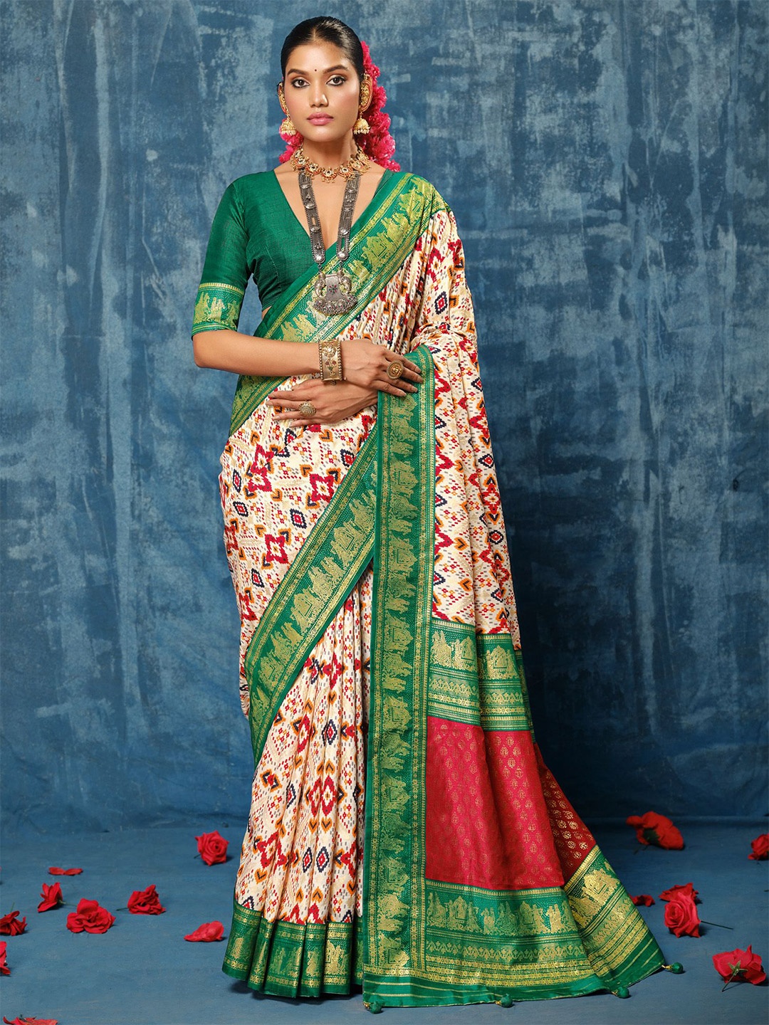 

House of Pataudi Kalamkari Printed Patola Saree With Blouse Piece, Cream