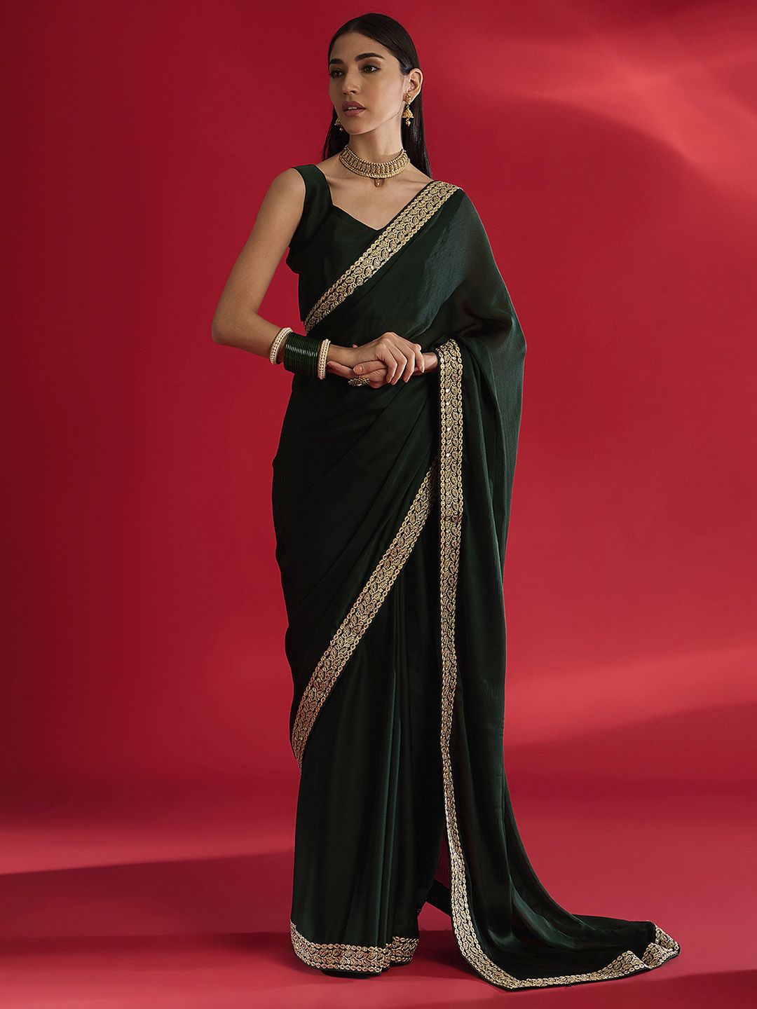 

House of Pataudi Embellished Saree With Blouse Piece, Green