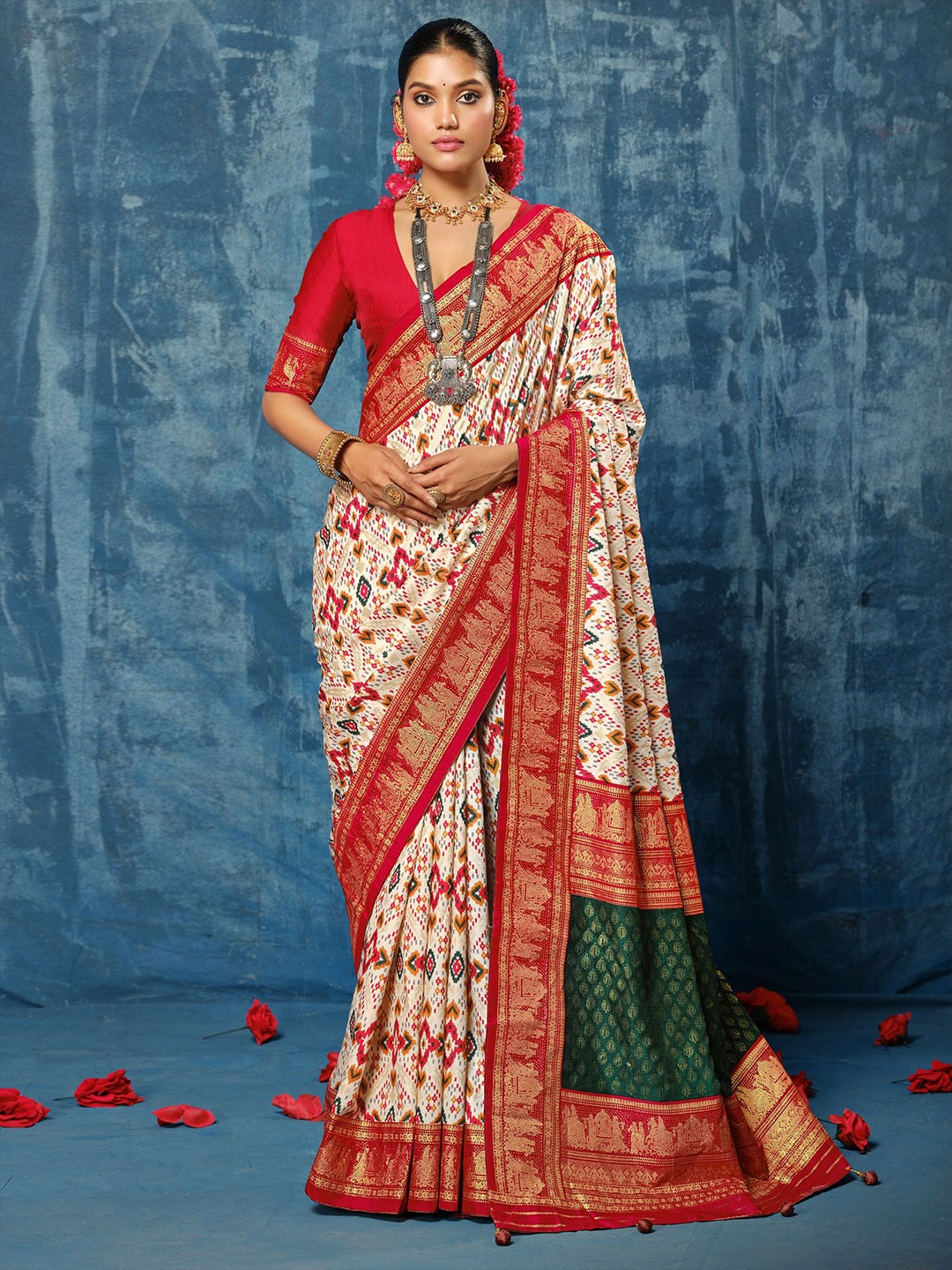 

House of Pataudi Kalamkari Printed Patola Saree, Cream