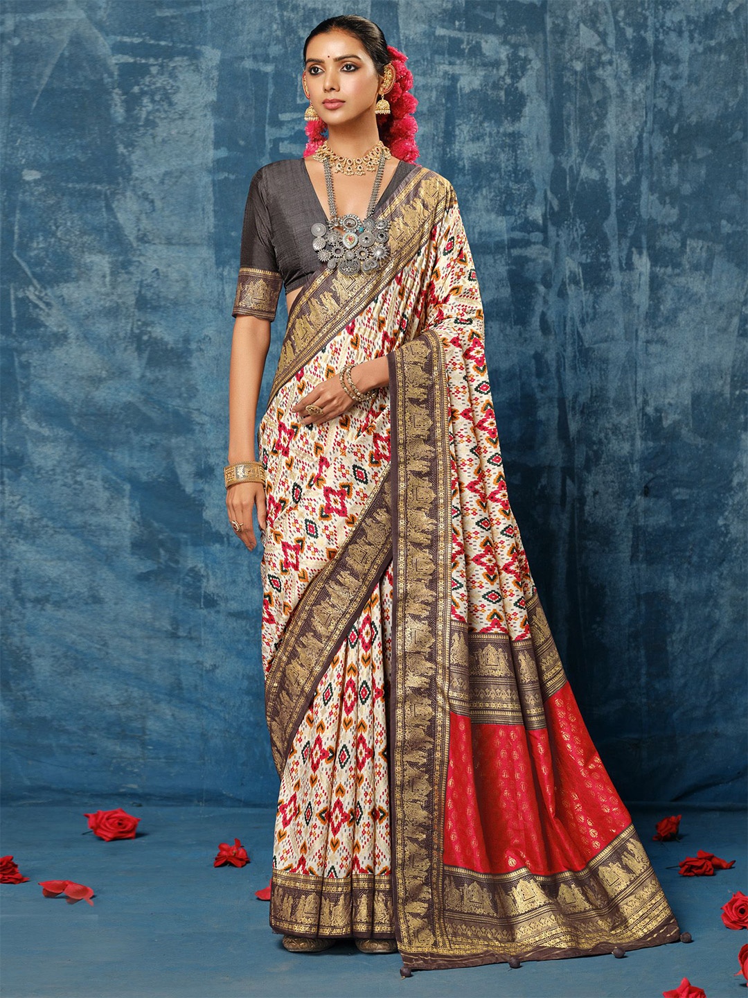 

House of Pataudi Printed Patola Saree With Blouse Piece, Cream
