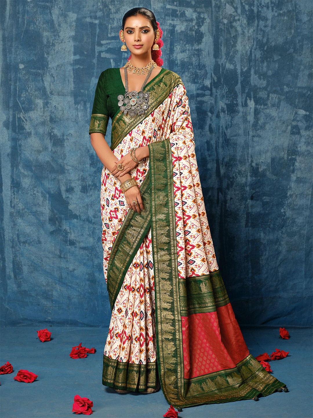 

House of Pataudi Kalamkari Printed Patola Saree, Cream