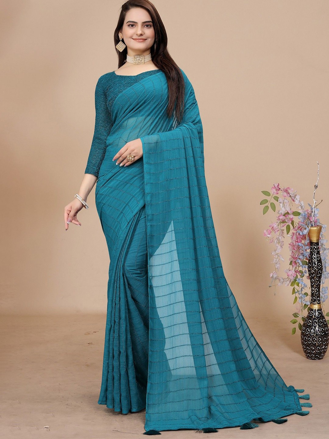 

K 5 Fashion Striped Embroidered Pure Chiffon Saree, Teal