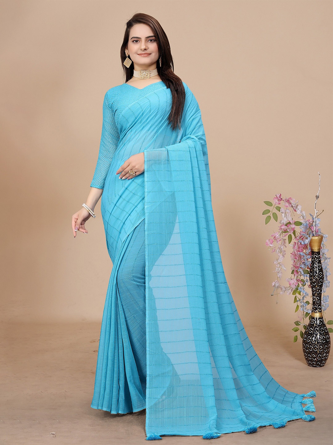 K 5 Fashion Striped Pure Chiffon Saree, Blue