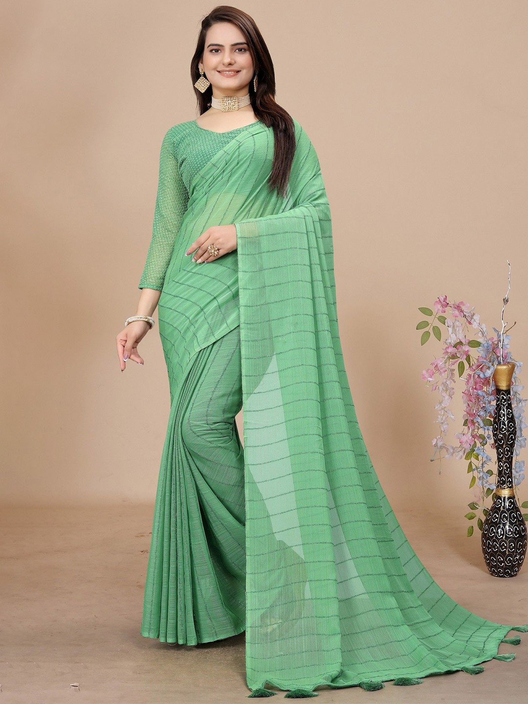 

K 5 Fashion Striped Embroidered Pure Chiffon Saree, Green