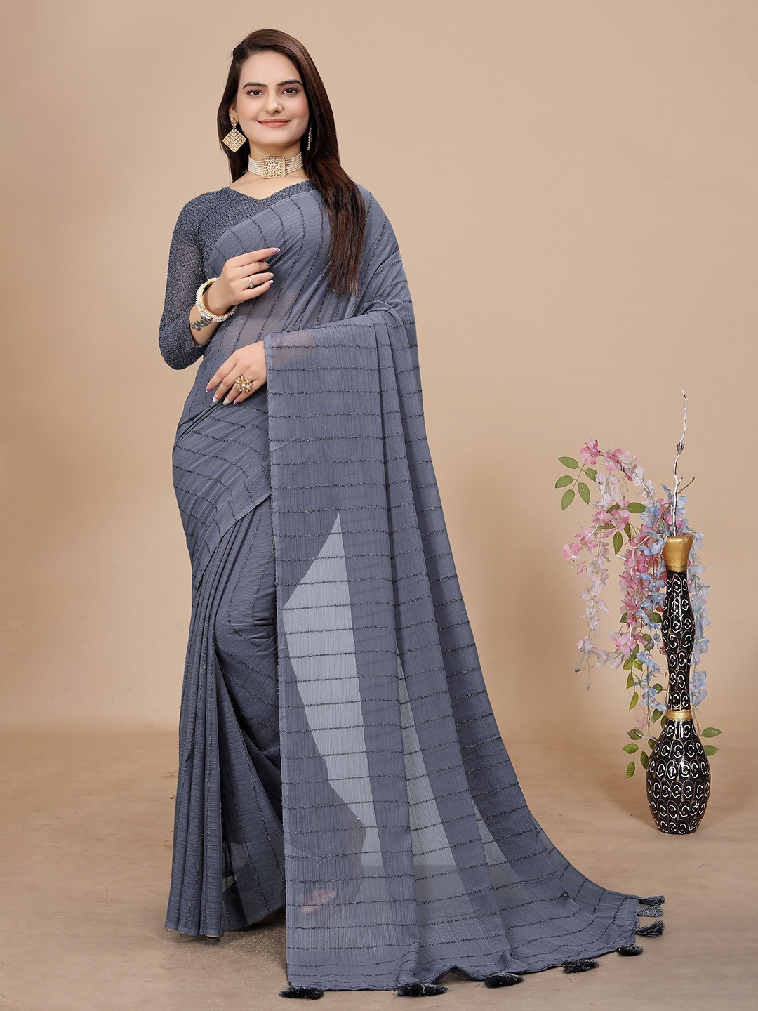 

K 5 Fashion Striped Embroidered Pure Chiffon Saree, Grey