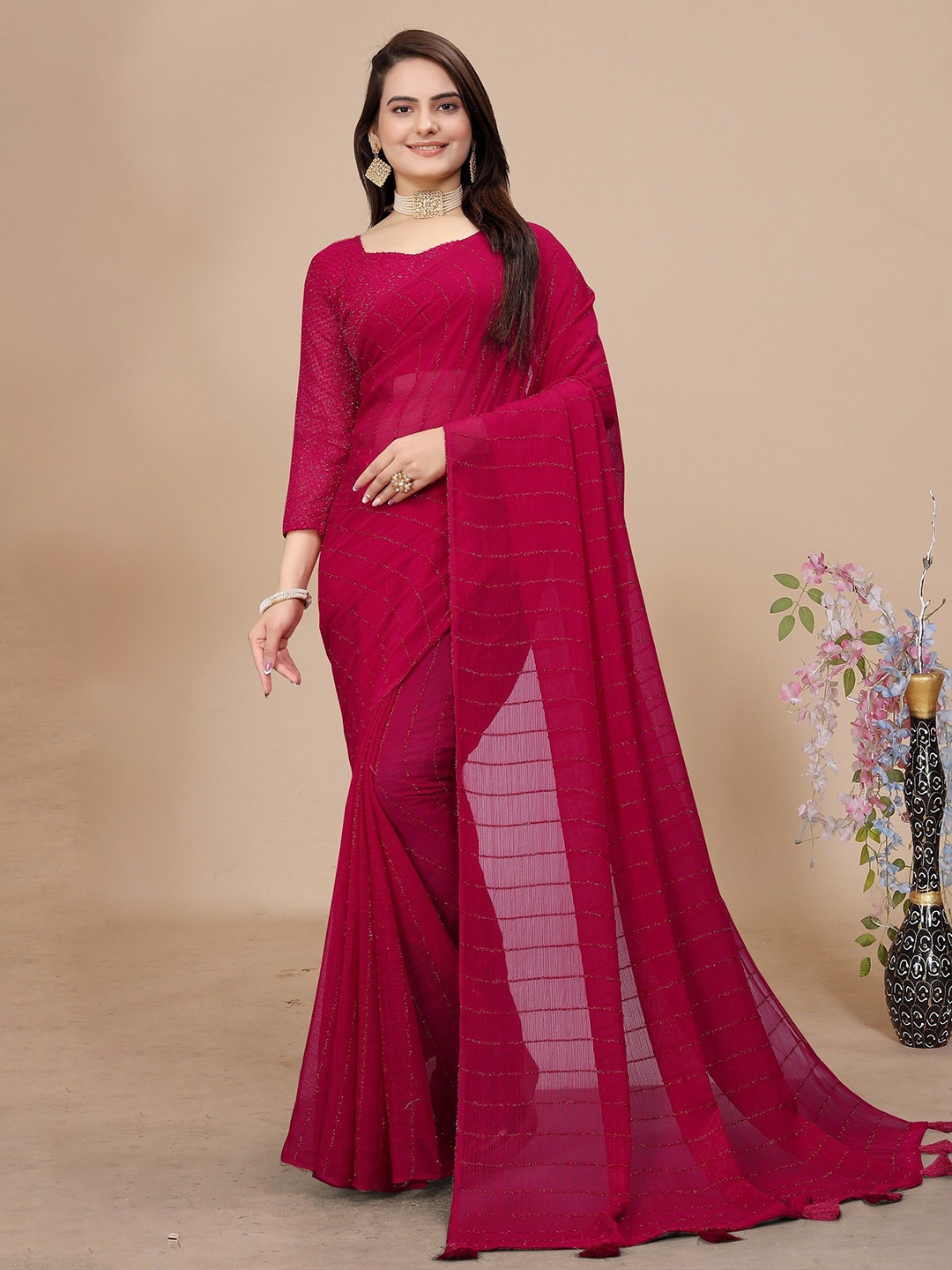 

K 5 Fashion Striped Embroidered Pure Chiffon Saree, Red