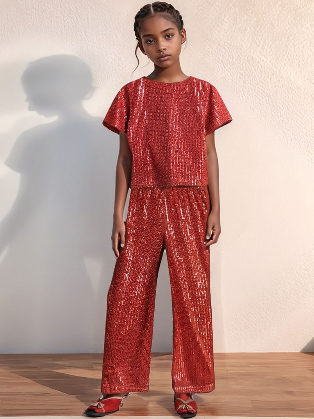 

Whistle & Hops Girls Embellished Round Neck Top With Trouser, Rust