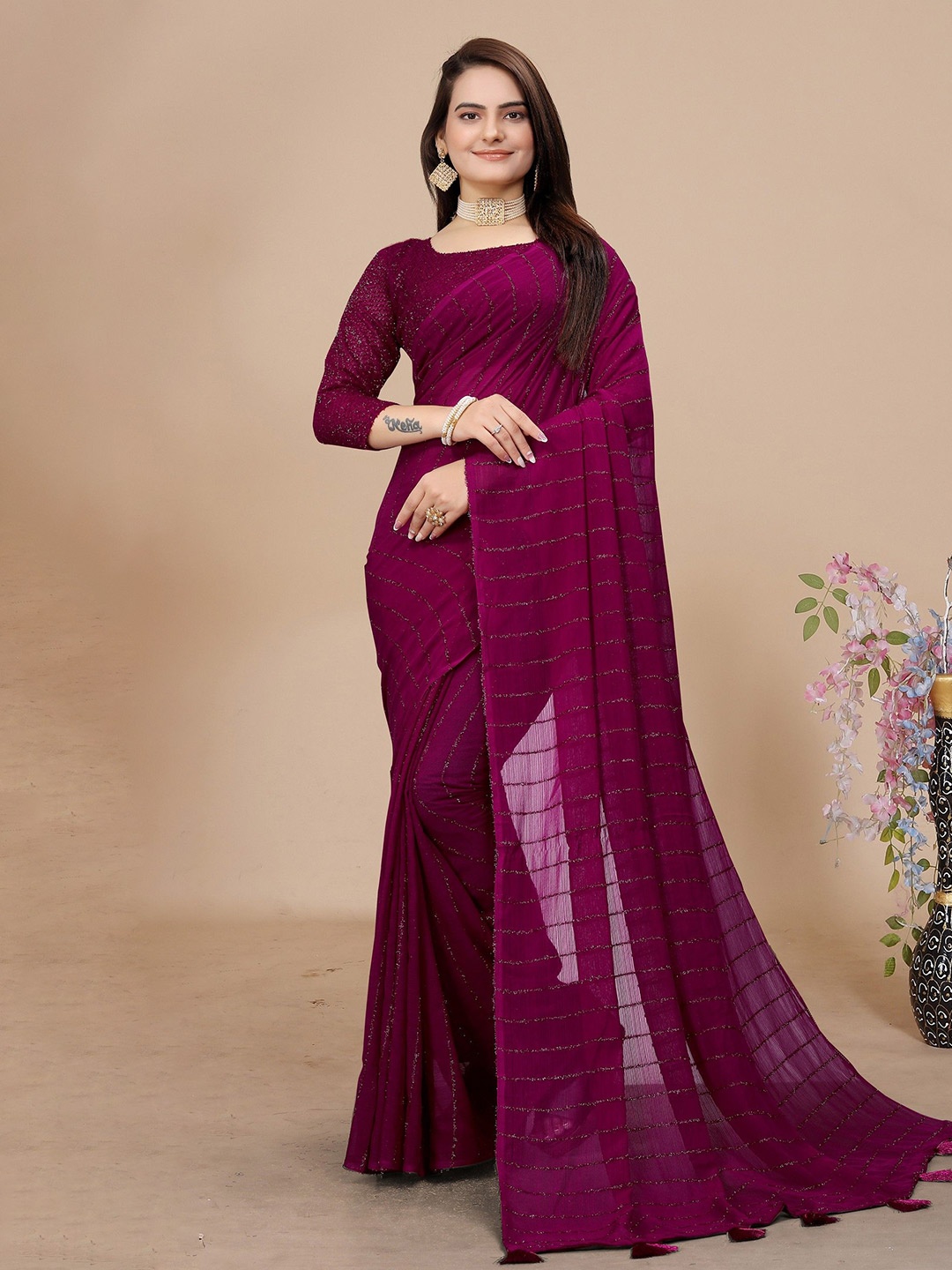 

K 5 Fashion Striped Embroidered Pure Chiffon Saree, Purple