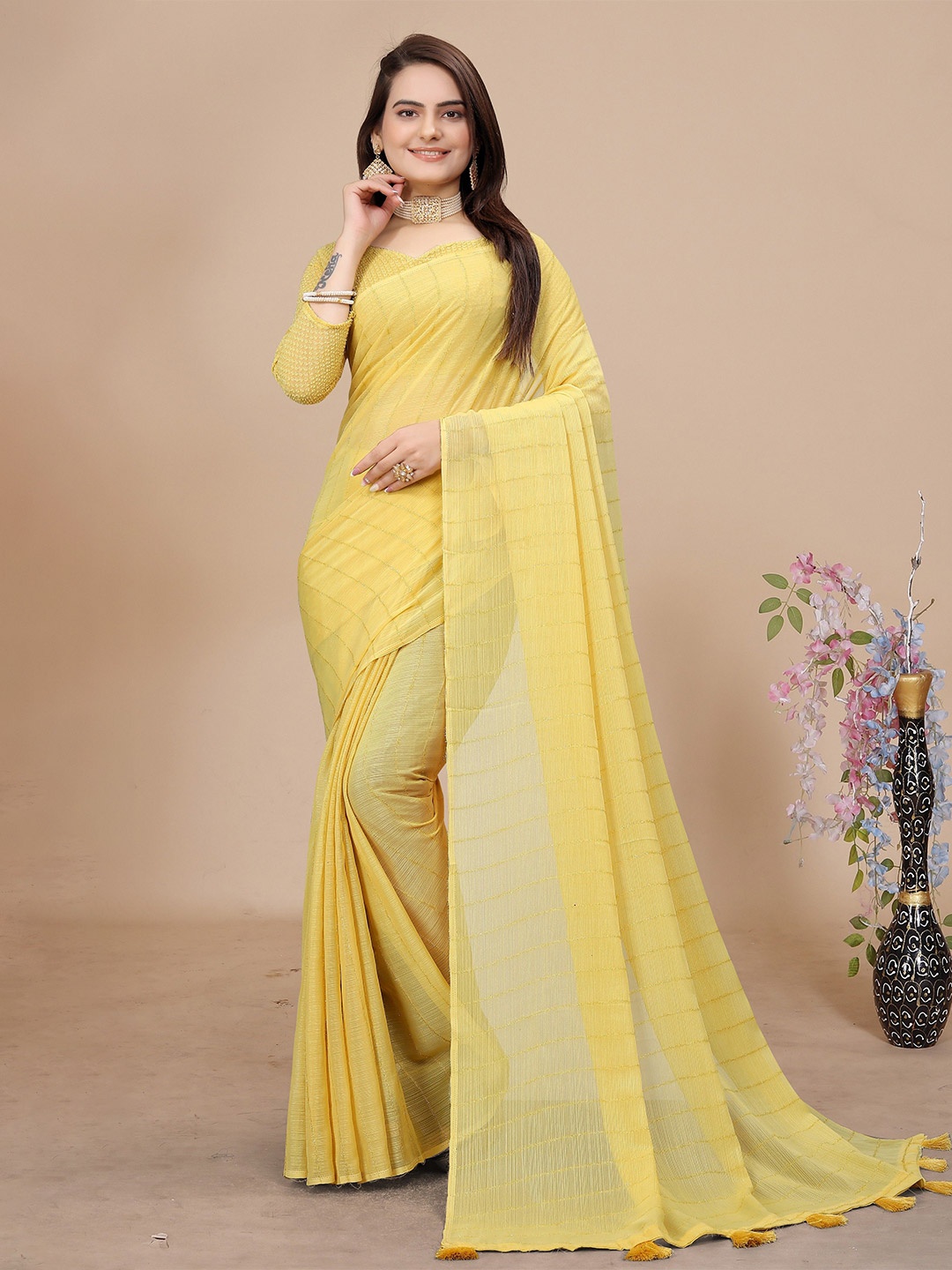 

K 5 Fashion Striped Embroidered Pure Chiffon Saree, Yellow