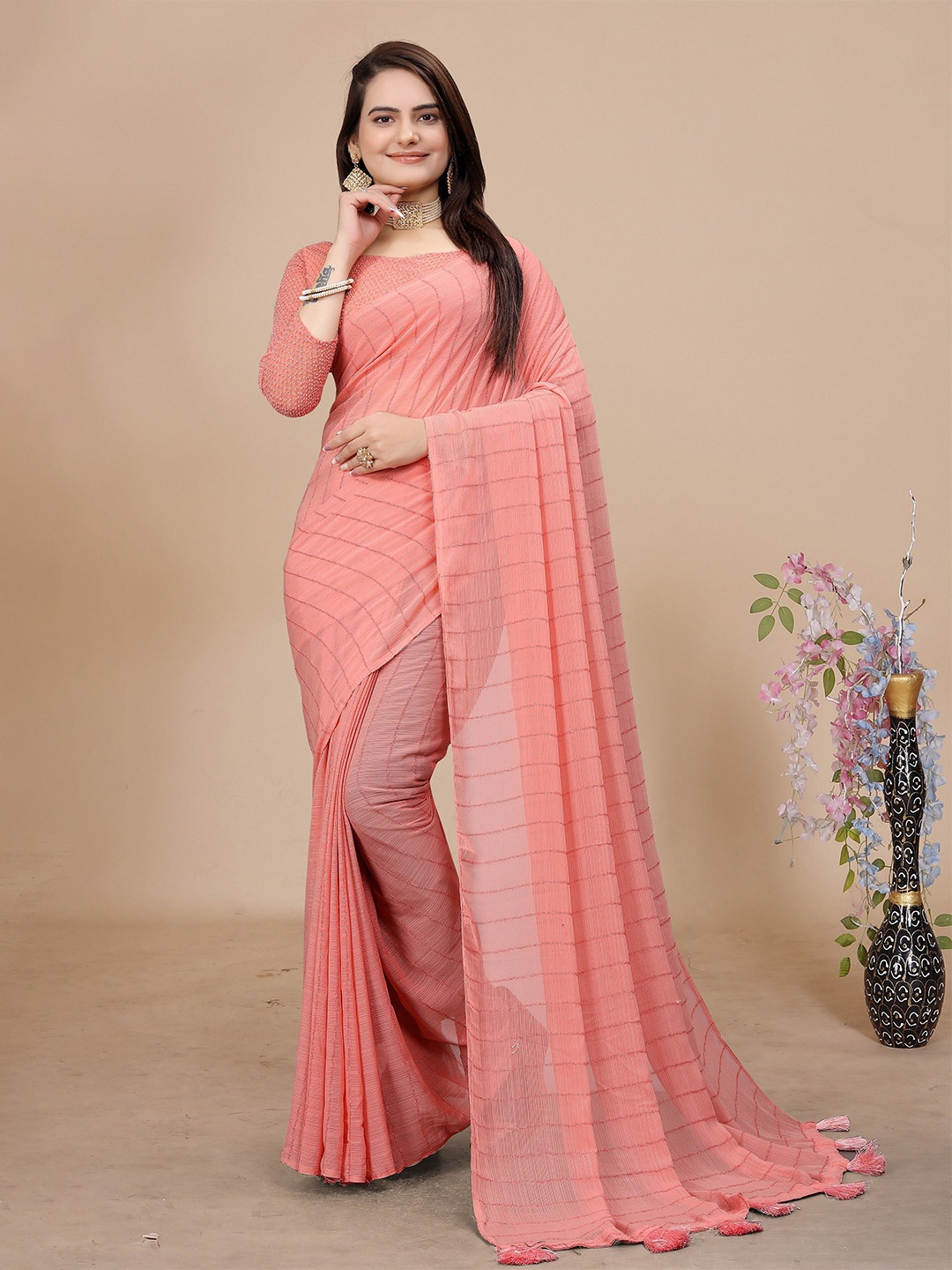 

K 5 Fashion Striped Embroidered Pure Chiffon Saree, Peach