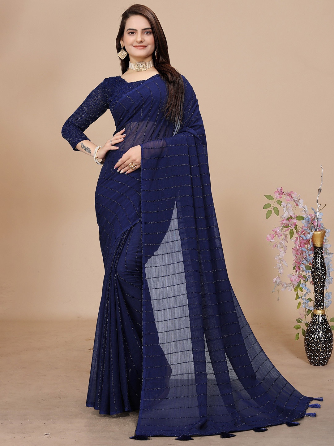 

K 5 Fashion Striped Embroidered Pure Chiffon Saree, Navy blue