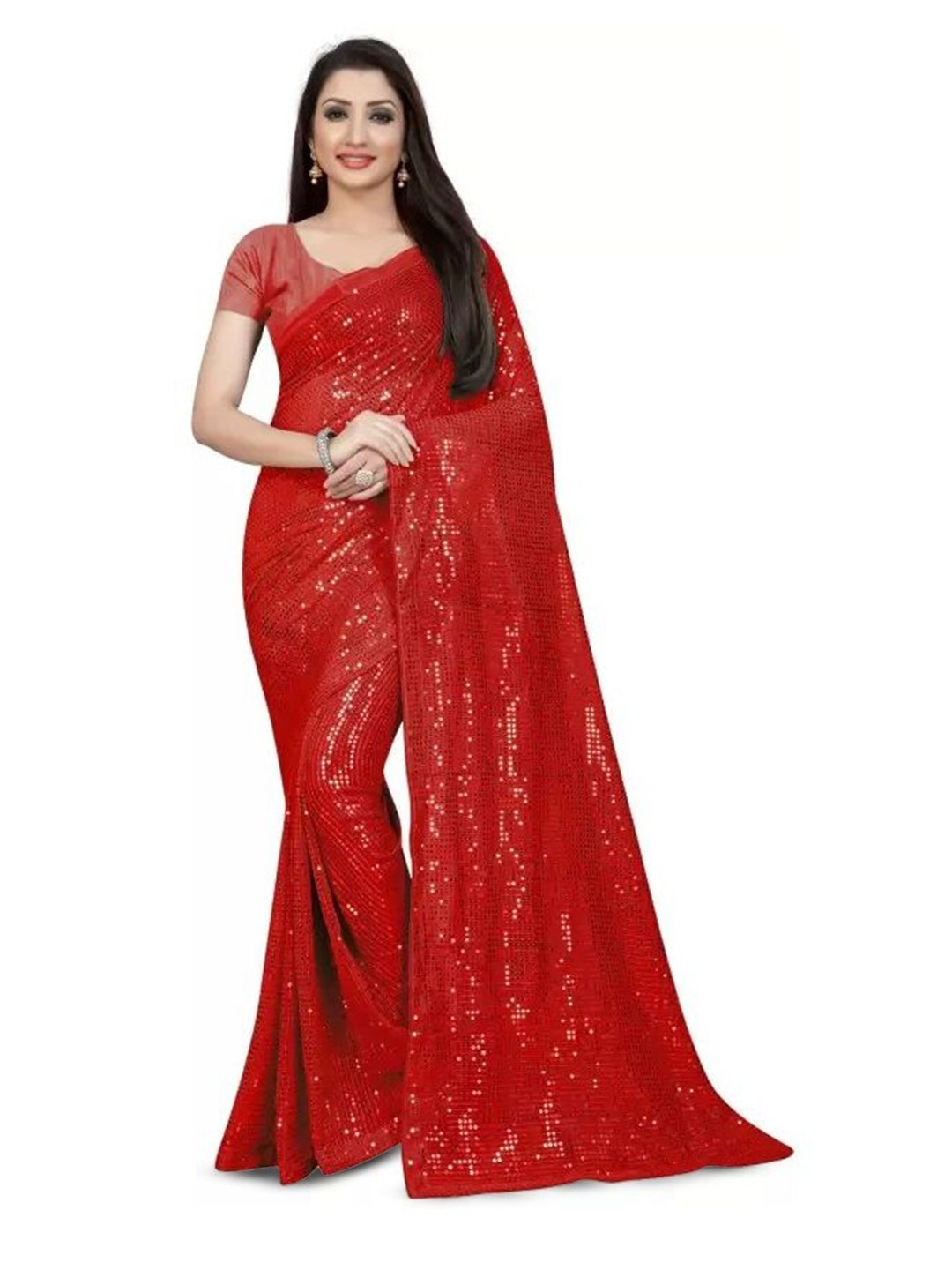 

SAADHVI Embellished Sequinned Saree, Red