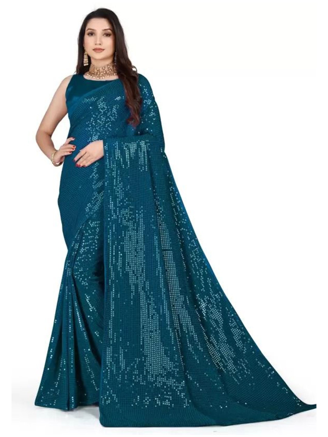 

SAADHVI Embellished Sequinned Saree, Turquoise blue