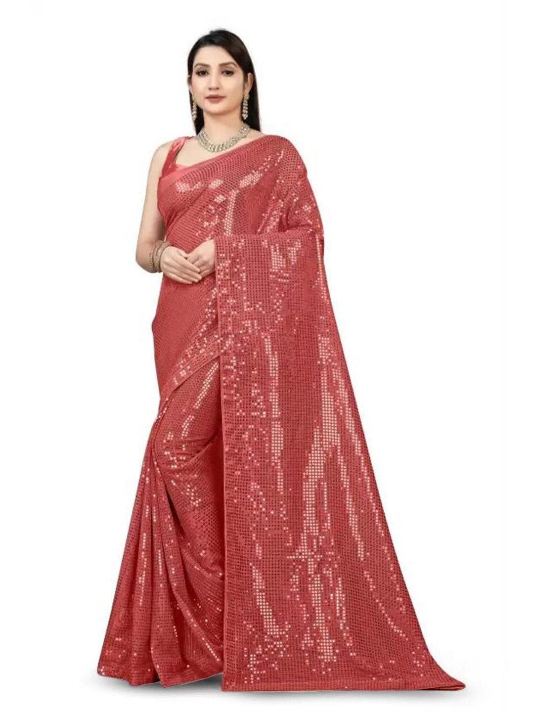 

SAADHVI Embellished Sequinned Saree, Red