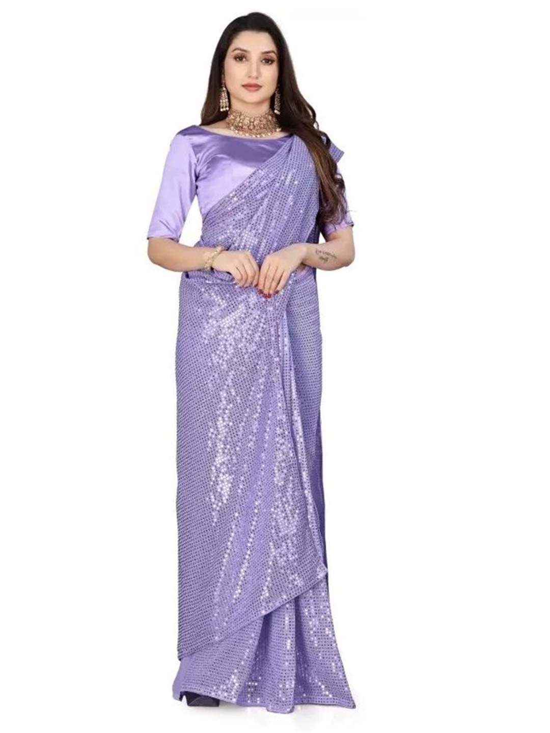 

SAADHVI Embellished Sequinned Saree, Lavender