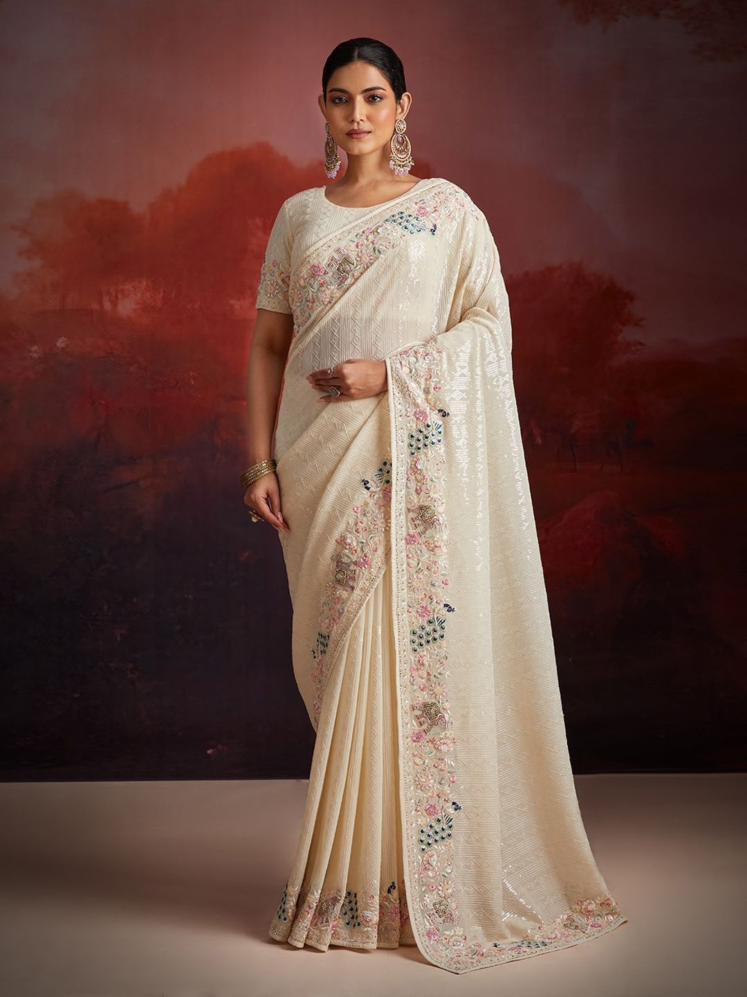 

Fusionic Embellished Sequinned Pure Georgette Saree, White