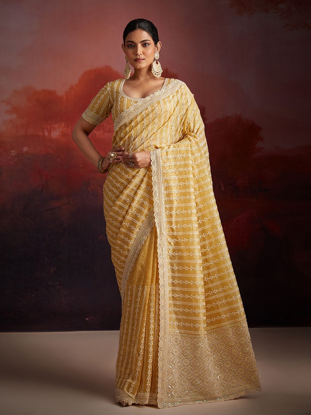 

Fusionic Ethnic Motifs Sequinned Organza Saree, Mustard