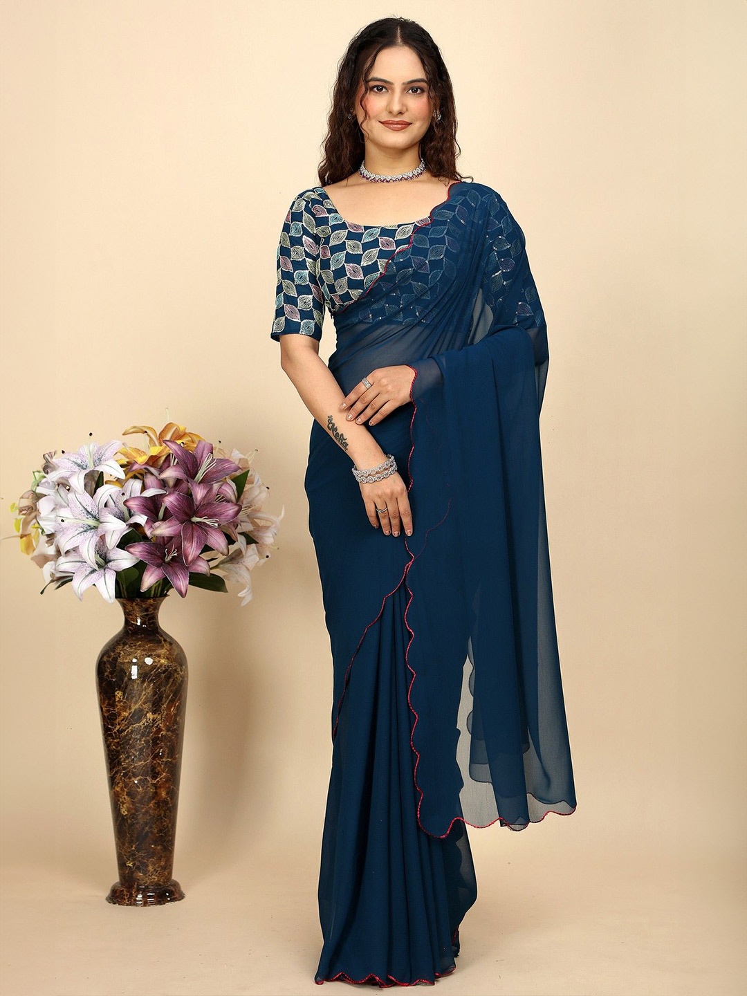 

K 5 Fashion Pure Georgette Saree, Teal