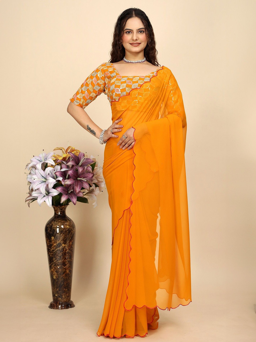 

K 5 Fashion Pure Georgette Saree, Yellow