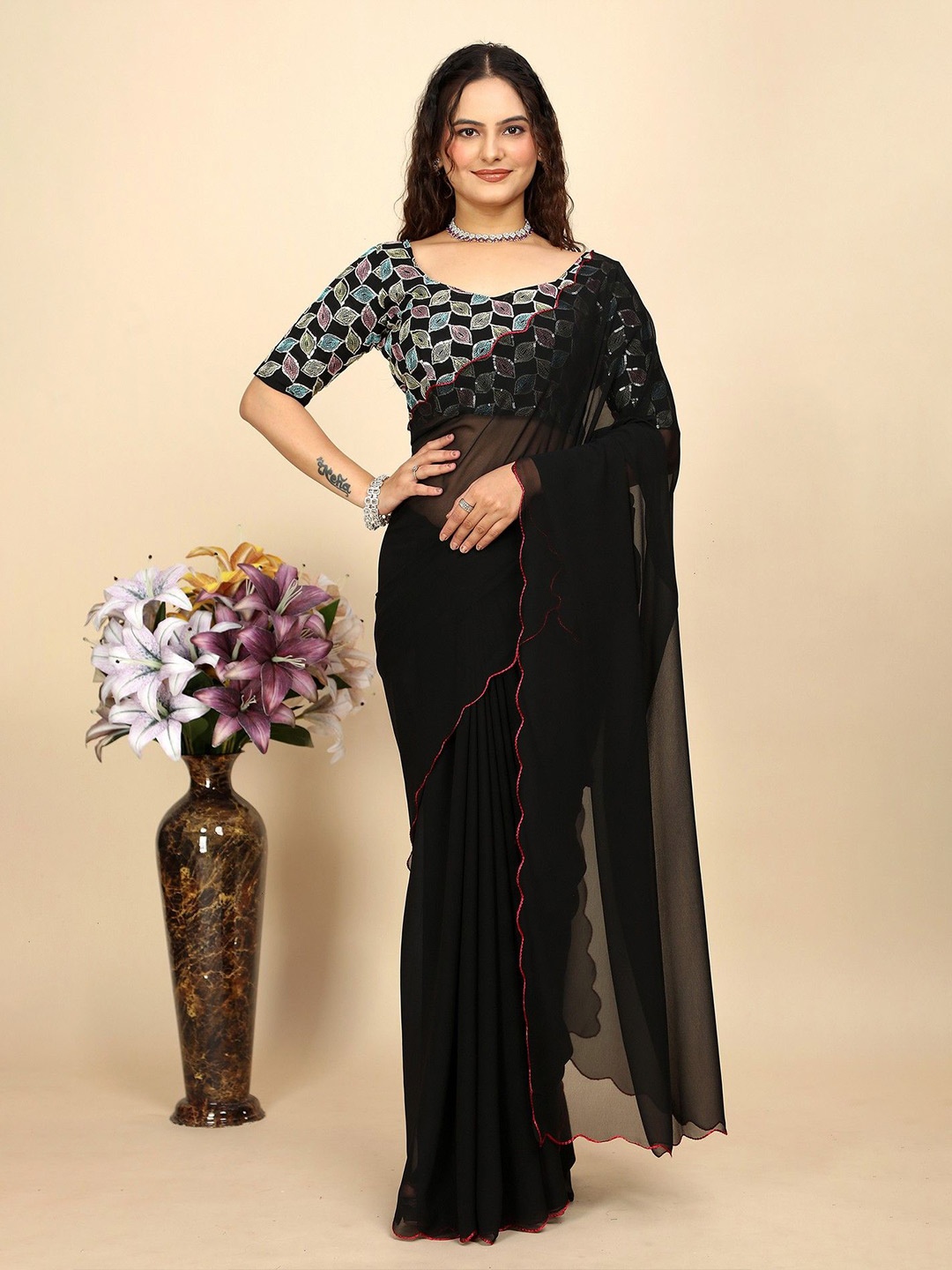 

K 5 Fashion Pure Georgette Saree, Black