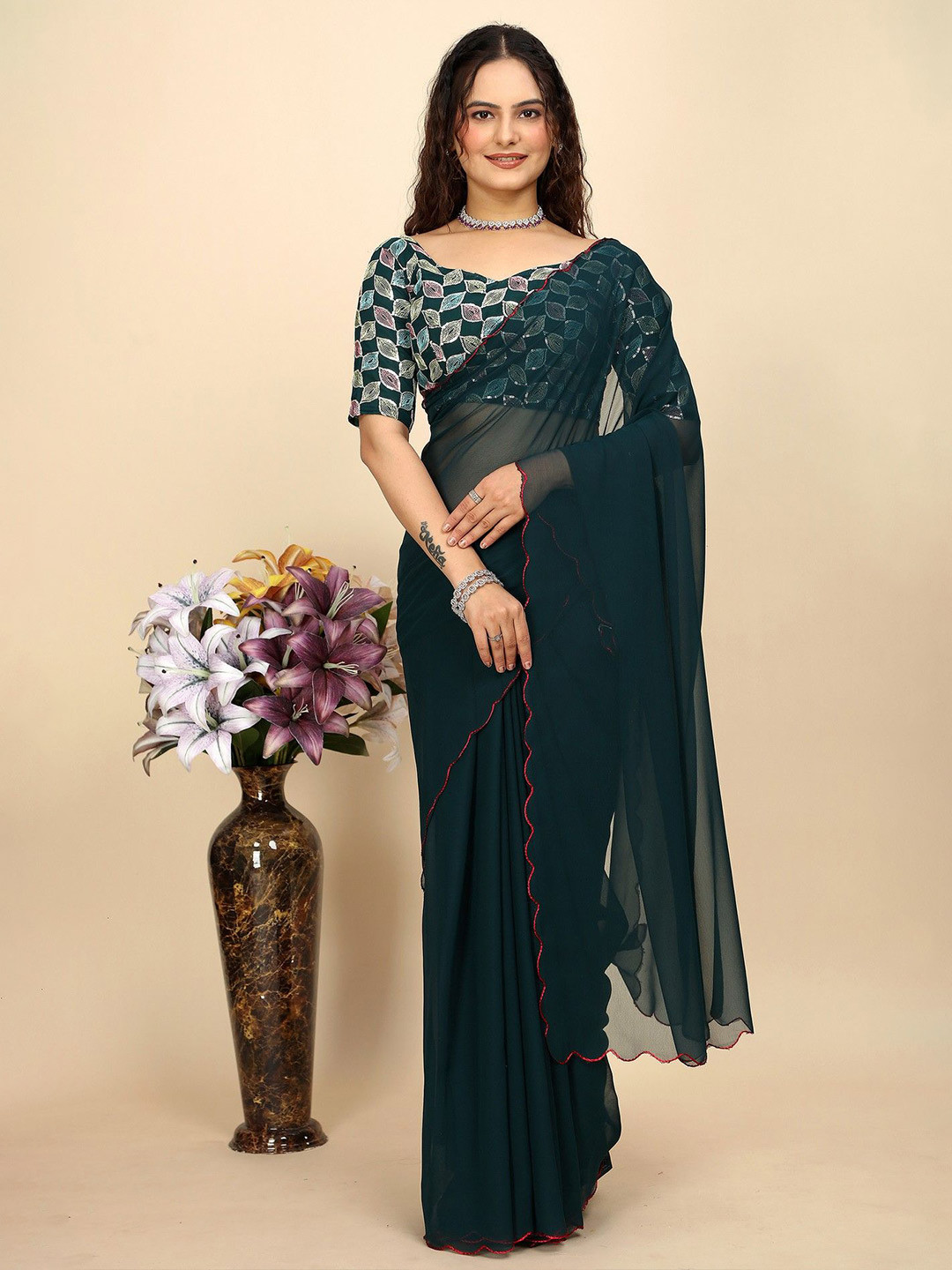 

K 5 Fashion Pure Georgette Saree, Green