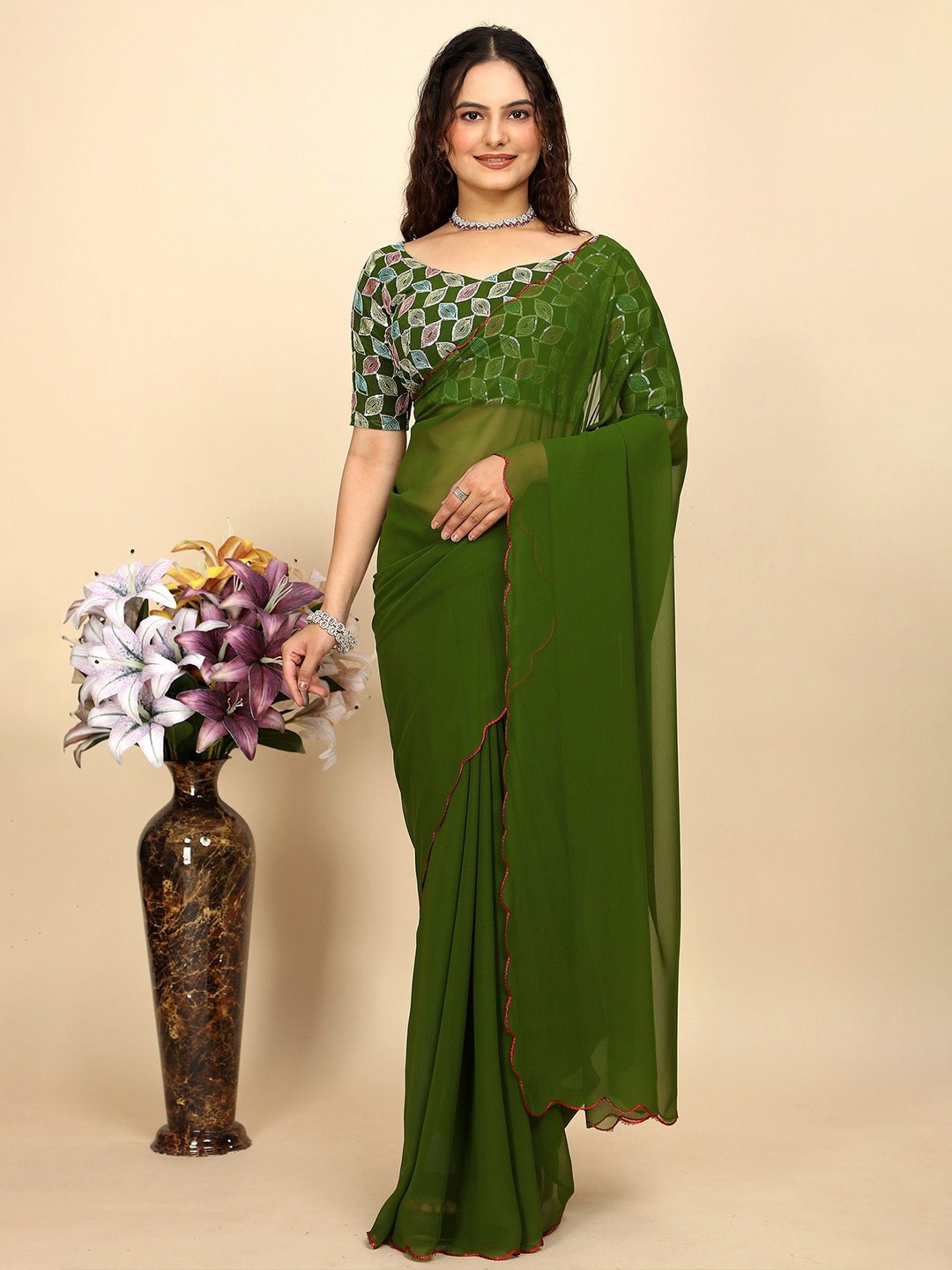 

K 5 Fashion Pure Georgette Saree, Olive