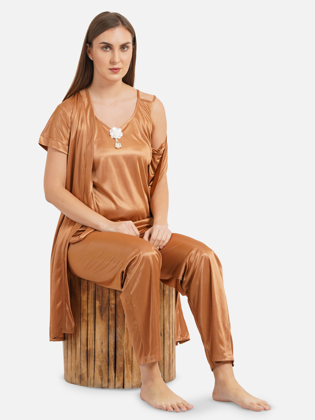 

Romaisa Women Satin Top and Pyjama Nightsuit Set with Robe, Gold