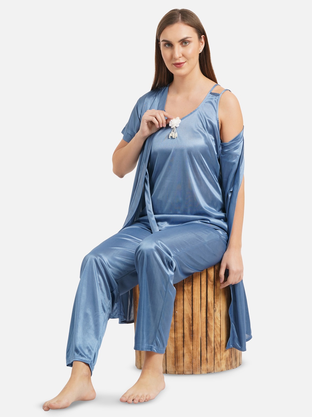 

Romaisa Women Satin Top and Pyjama Nightsuit Set with Robe, Blue