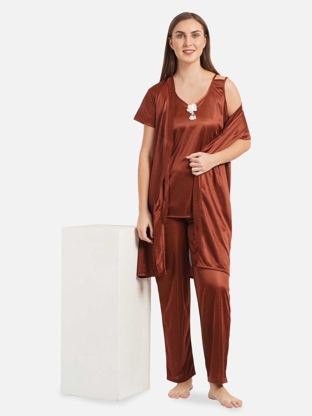 

Romaisa Women Satin Top and Pyjama Nightsuit Set with Robe, Brown