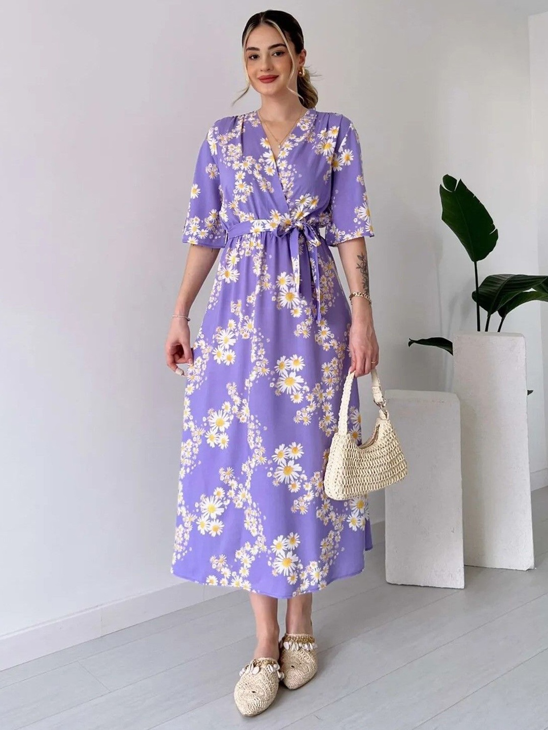 

MANOJAVA Women Cotton Floral Printed Wrap Midi Dress, Purple