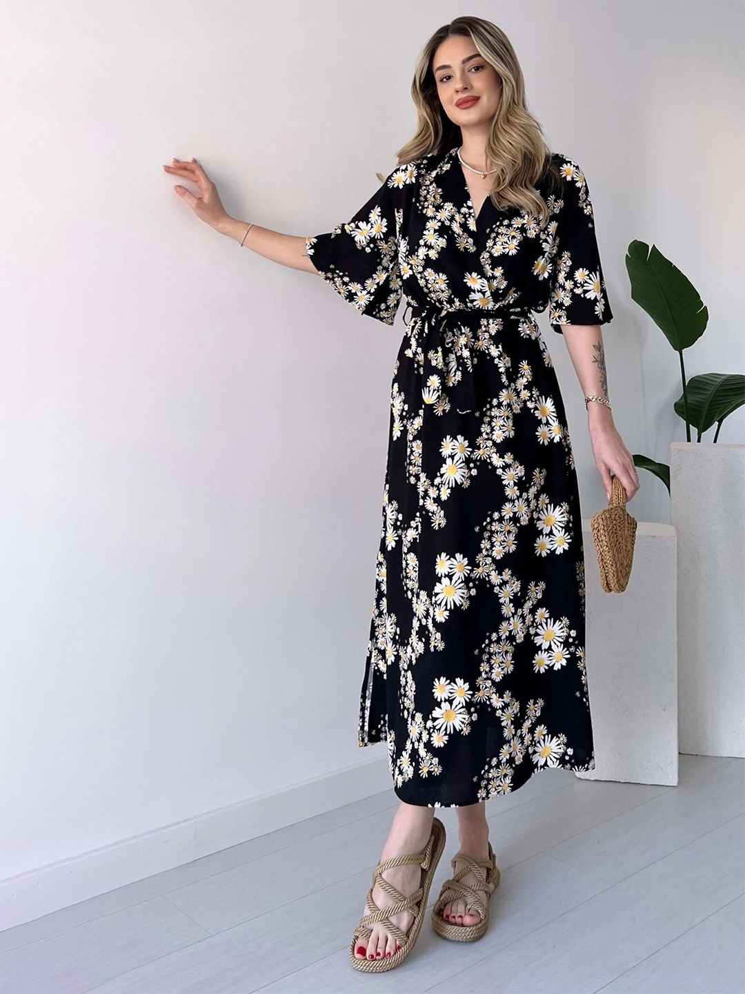 

MANOJAVA Women Cotton Floral Printed Wrap Midi Dress, Black