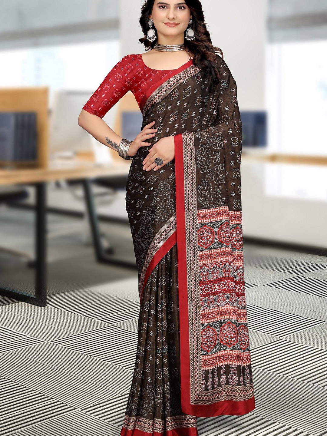 

K 5 Fashion Bandhani Printed Pure Crepe Saree, Brown