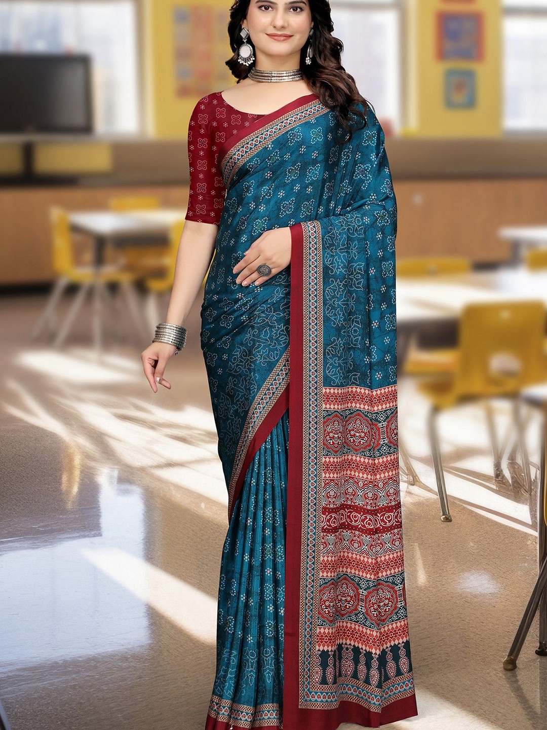 

K 5 Fashion Bandhani Printed Pure Crepe Saree, Teal