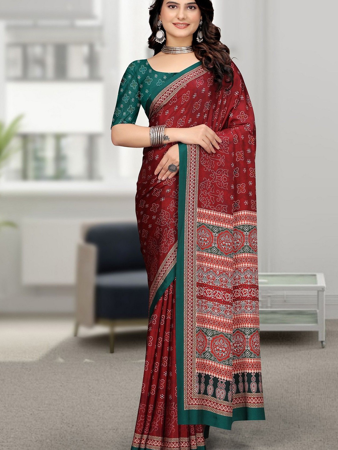 

K 5 Fashion Bandhani Printed Pure Crepe Saree, Maroon