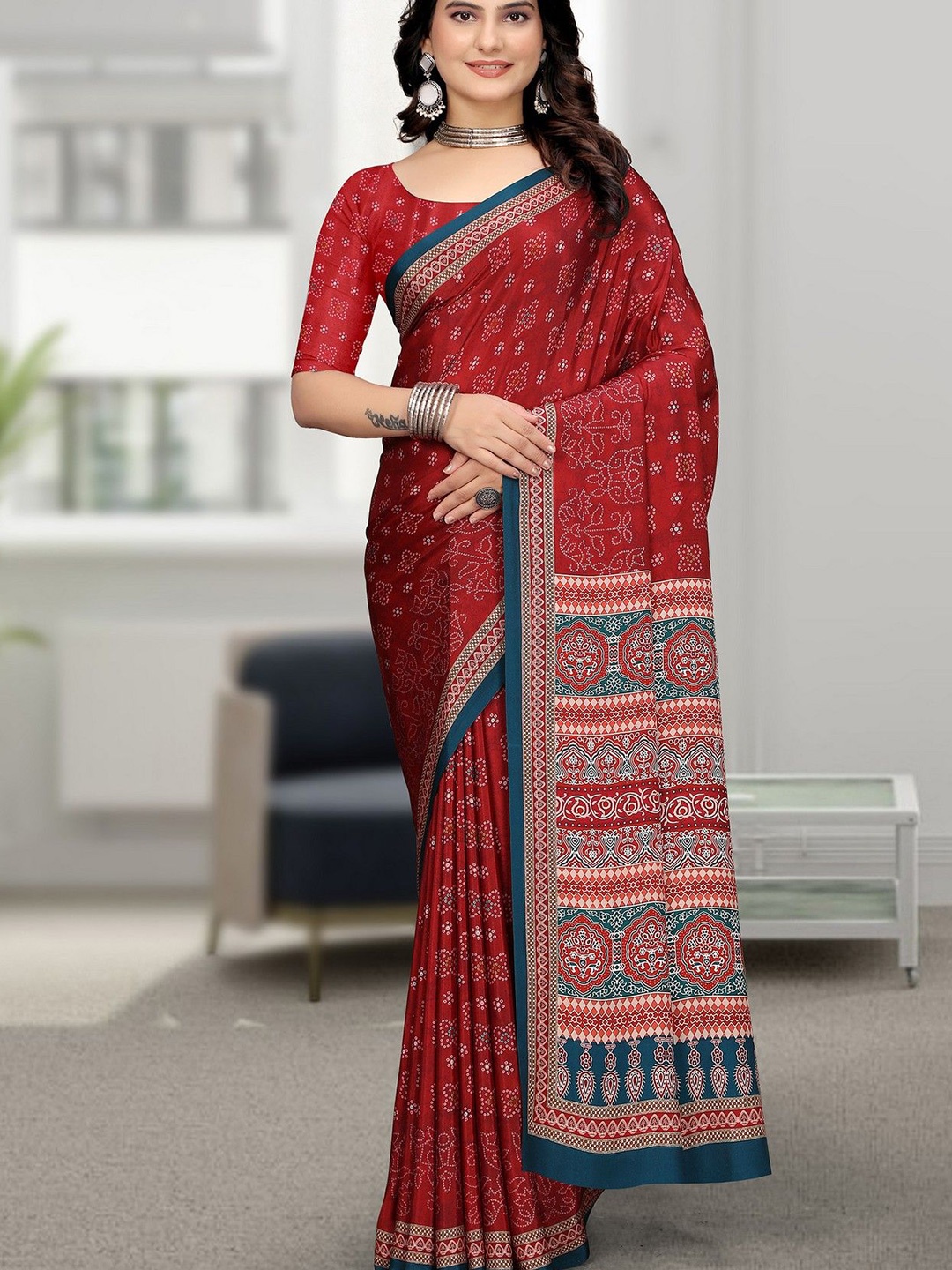 

K 5 Fashion Bandhani Printed Pure Crepe Saree, Red