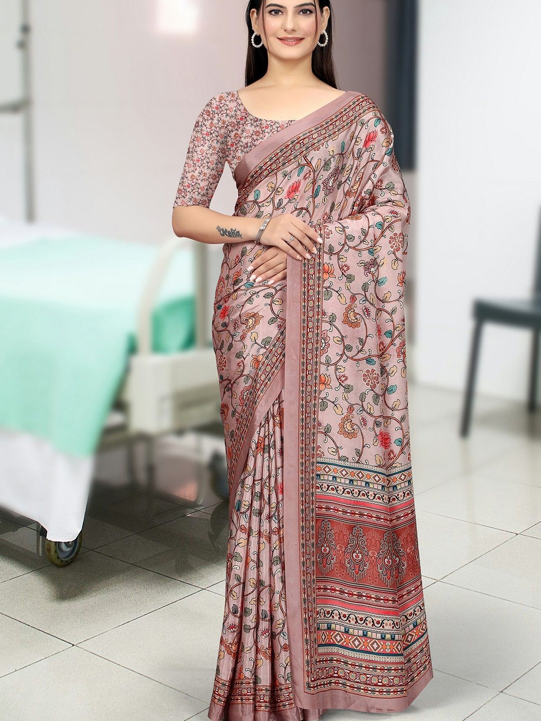 K 5 Fashion Ethnic Motifs Printed Pure Crepe Saree, Pink