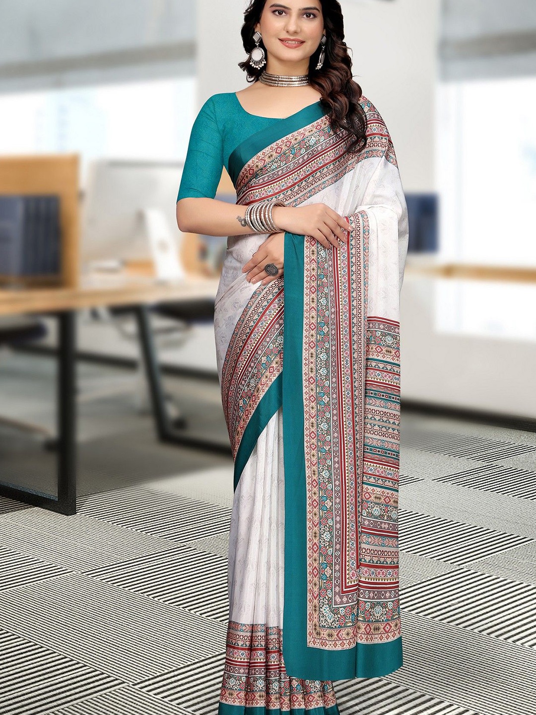 K 5 Fashion Ethnic Motifs Woven Design Pure Crepe Saree, White
