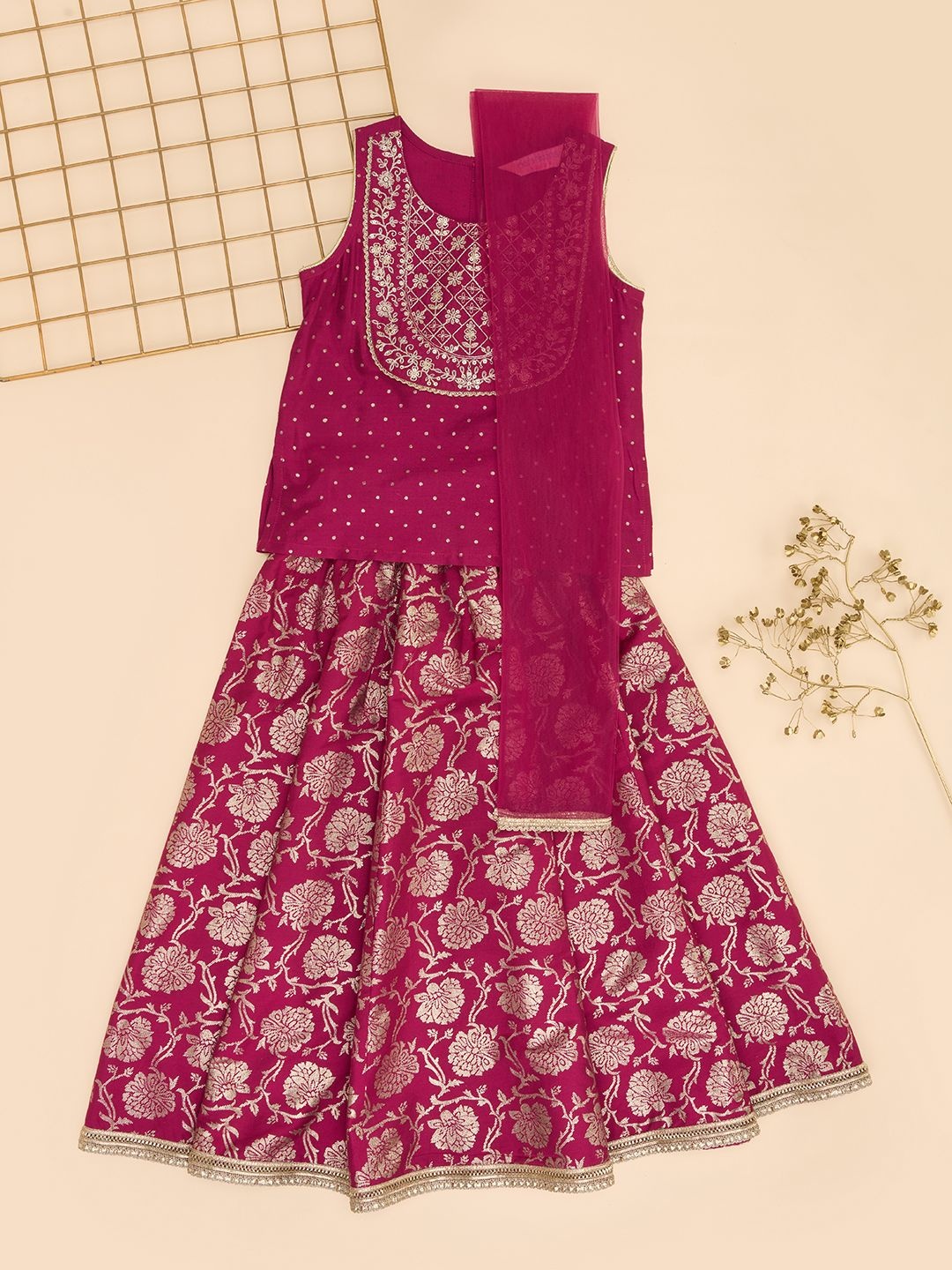 

AKKRITI BY PANTALOONS Girls Embroidered Ready to Wear Lehenga & Blouse With Dupatta, Pink