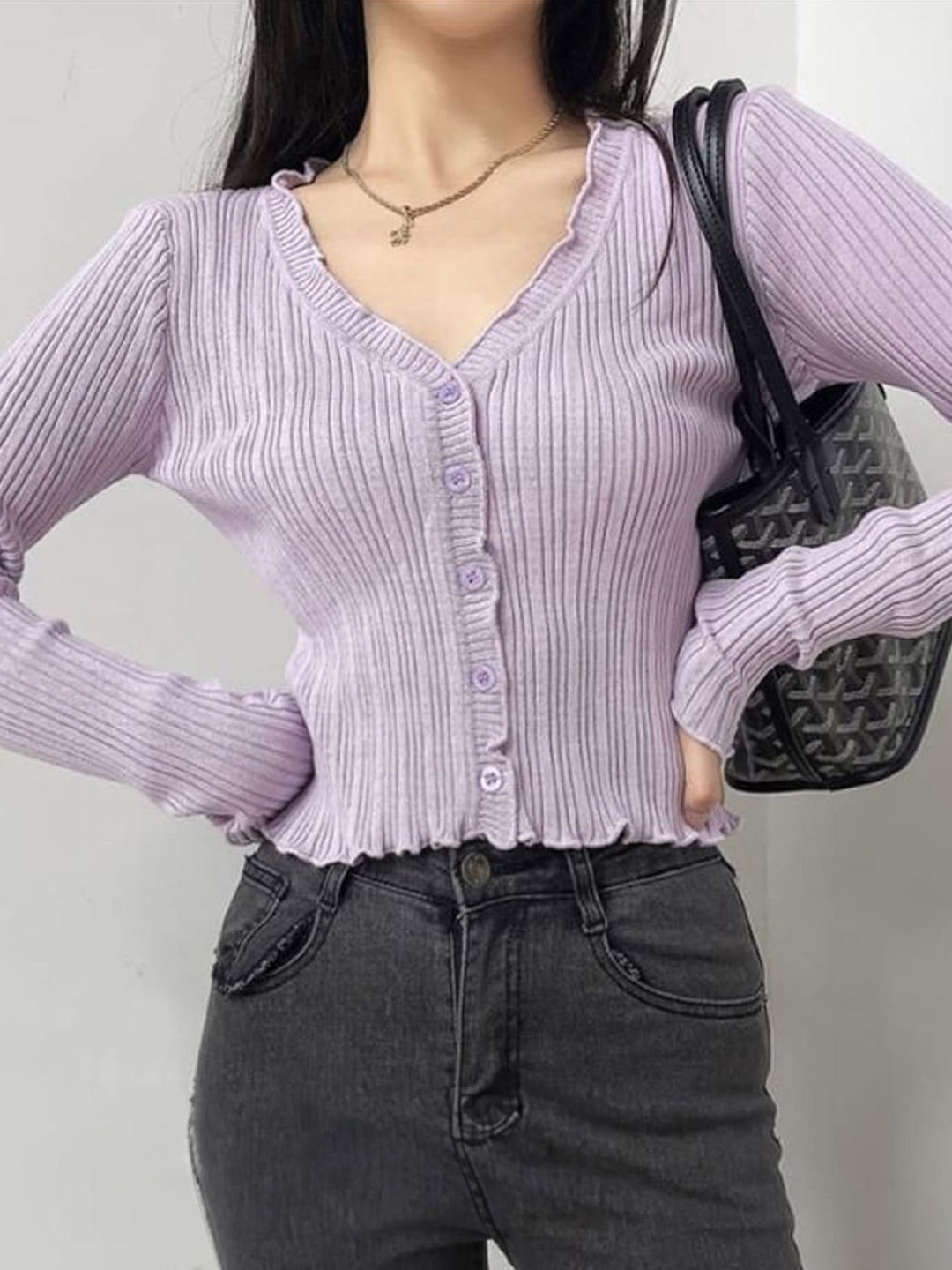 

LULU & SKY Striped Knitted Button-up Top, Purple